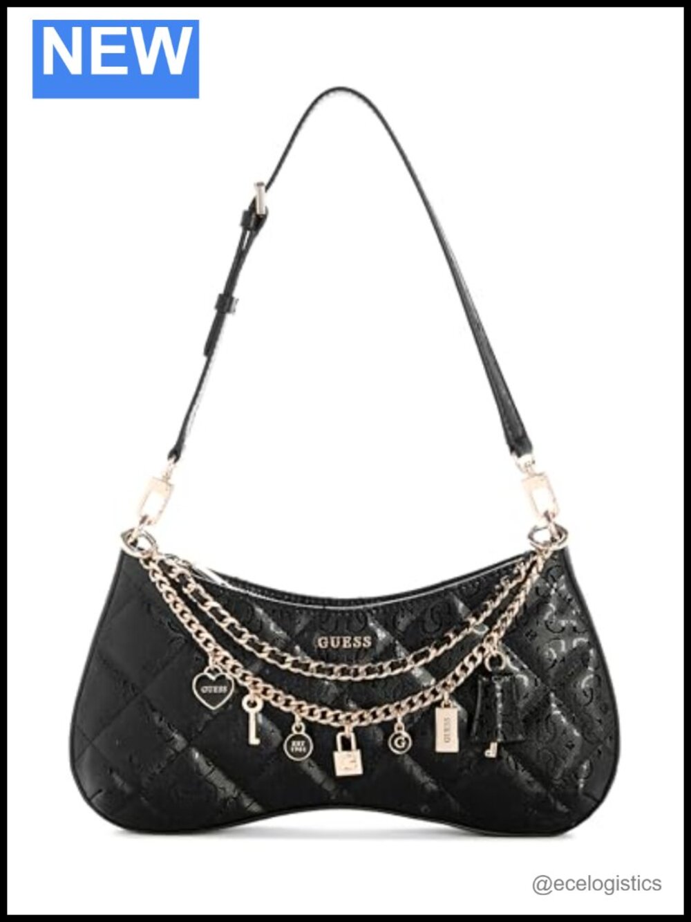 GUESS Libby Quilted PU Shoulder Bag Gold Hardware Adjustable Strap